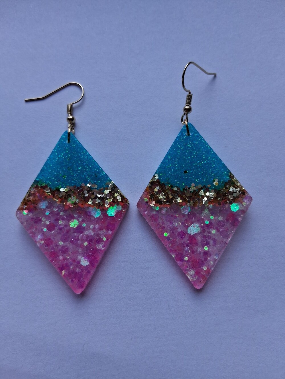 Hand Crafted Blue and Pink Glitter Diamond Drop Earrings